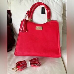 NWT Bebe Natalie Satchel Coral Red Vegan Leather Removable Shoulder Strap